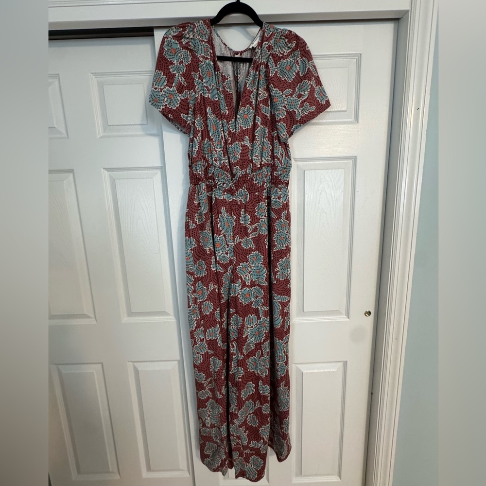 Anthropologie Maroon and Blue Floral Maxi Jumpsuit dress